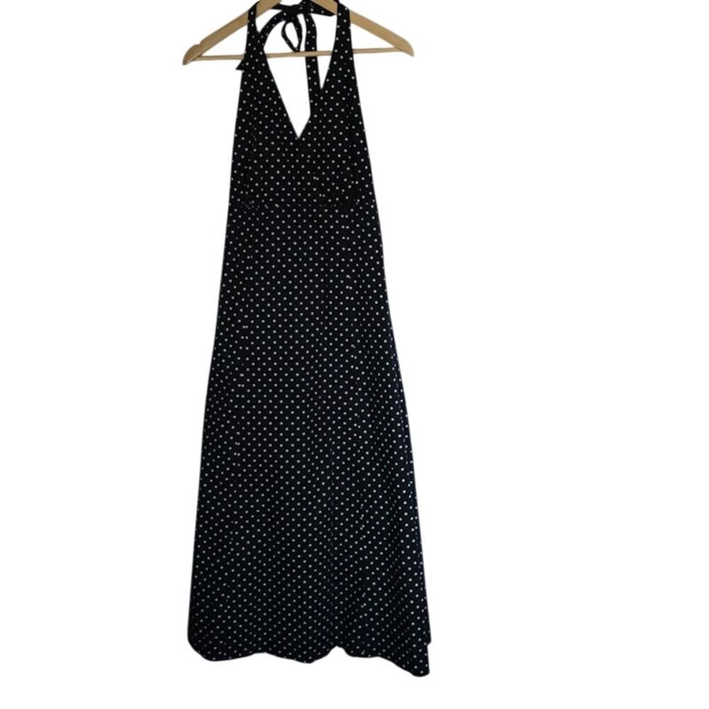 Lands' End Navy Polka Dot Halter Maxi Sun Dress 14 Flared Cotton Nautical